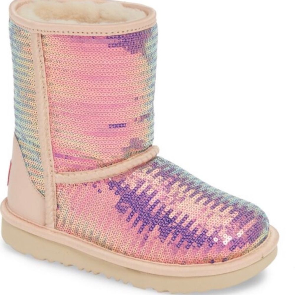 Brand New in Box UGG Classic Short Sequin Boots in Cameo Rose, Size 11 (Toddler)